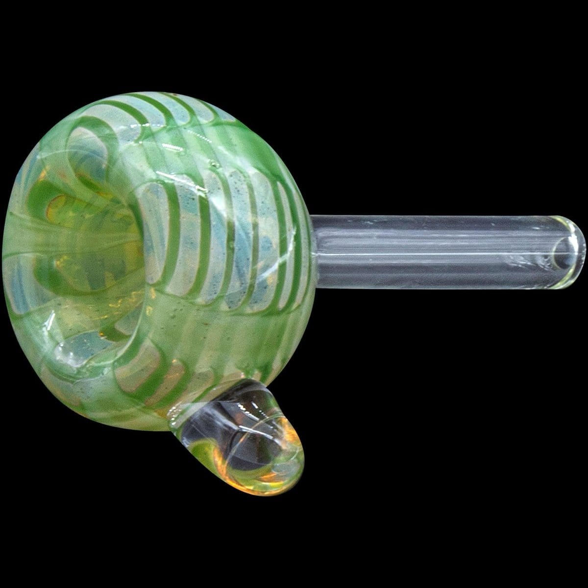 Front view of the Color Raked Bubble Pull-Stem 9mm Slide Bowl, featuring swirled green glass and a rounded shape.
