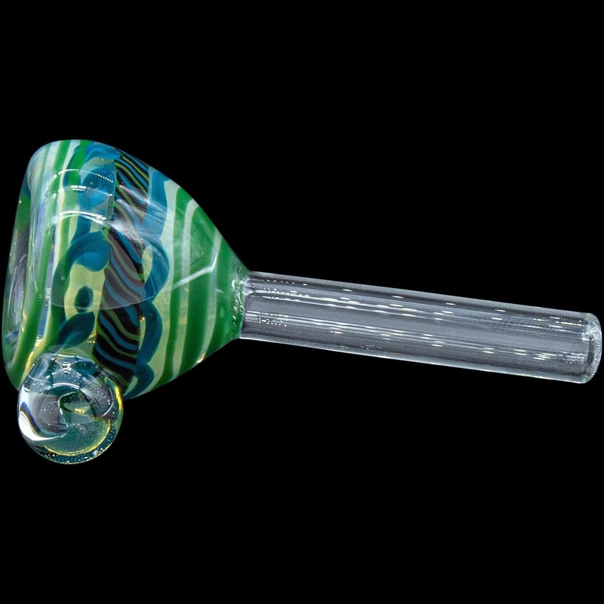 A close-up, angled view of the Painted Warrior Pull-Stem Slide Bowl, showcasing its colorful, swirled glass design.