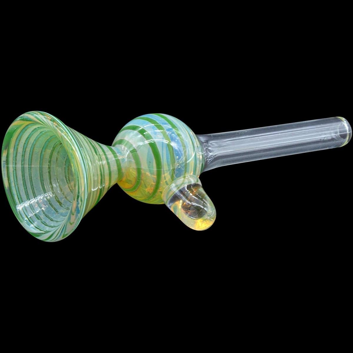 A close-up, angled view of the “Loud Speaker” Pull-Stem Slide Bowl, showcasing its colorful glass and stem joint.