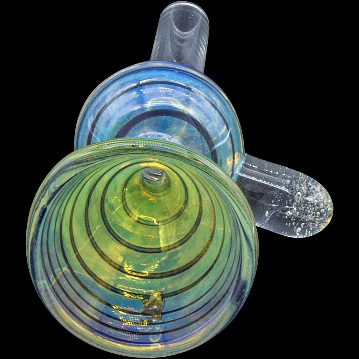 A close-up, angled view of the “Loud Speaker” Pull-Stem Slide Bowl, showcasing its colorful glass construction and pull-stem detail.