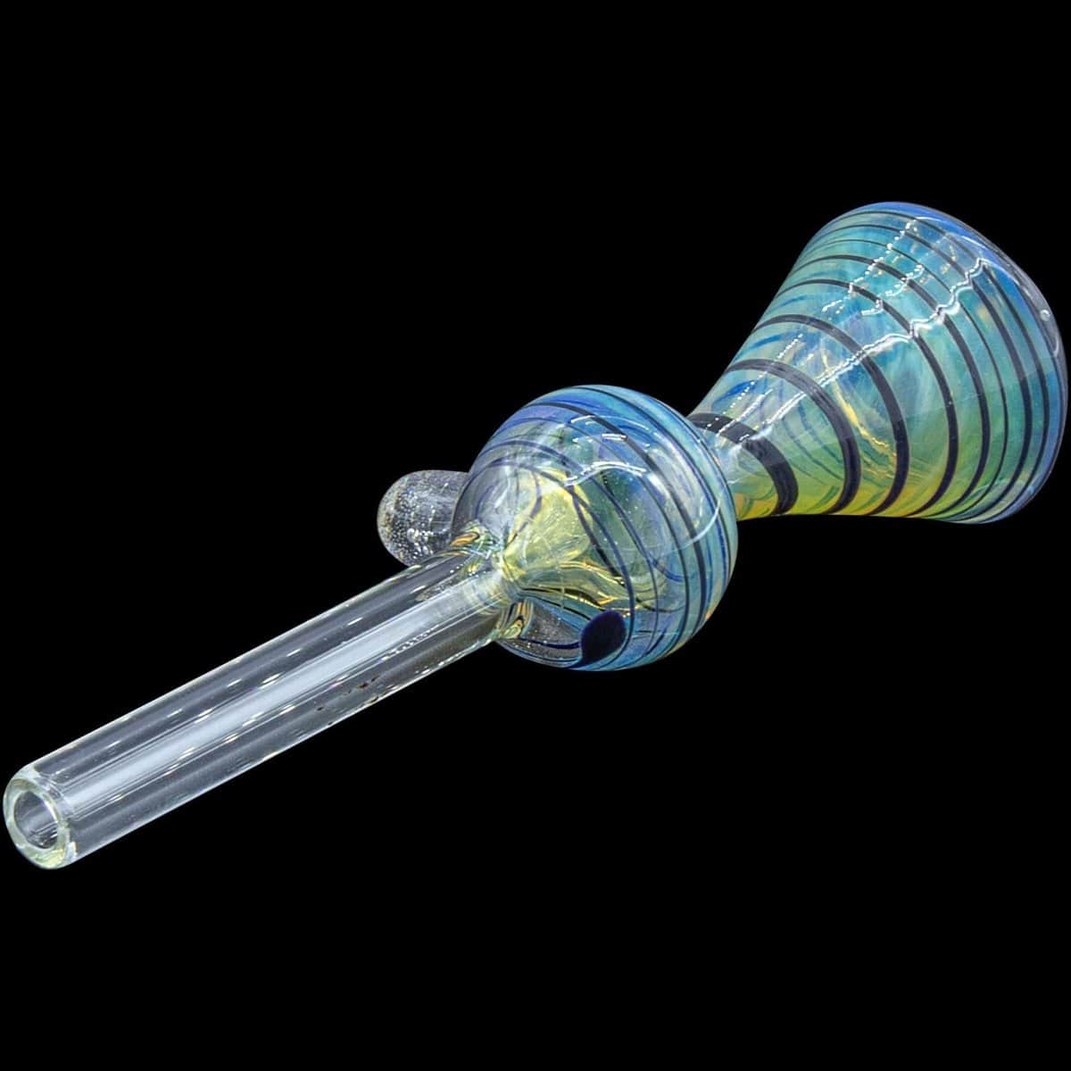A close-up, angled view of the “Loud Speaker” Pull-Stem Slide Bowl, featuring colorful glass swirls and a curved stem.