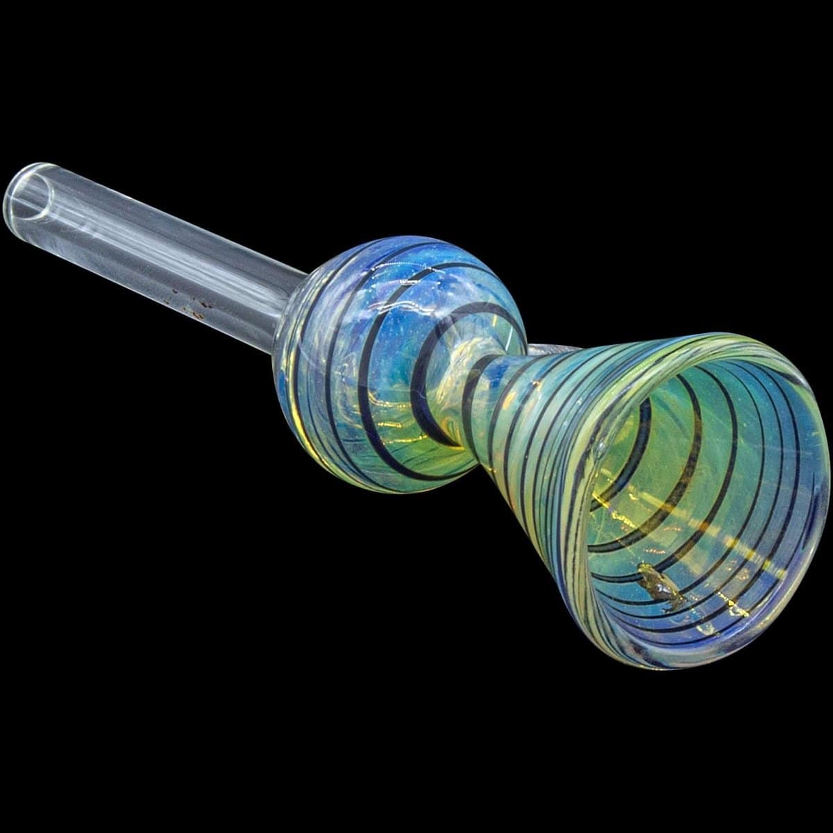 A side view of the “Loud Speaker” Pull-Stem Slide Bowl, showing its clear glass construction and angled pull-stem design.