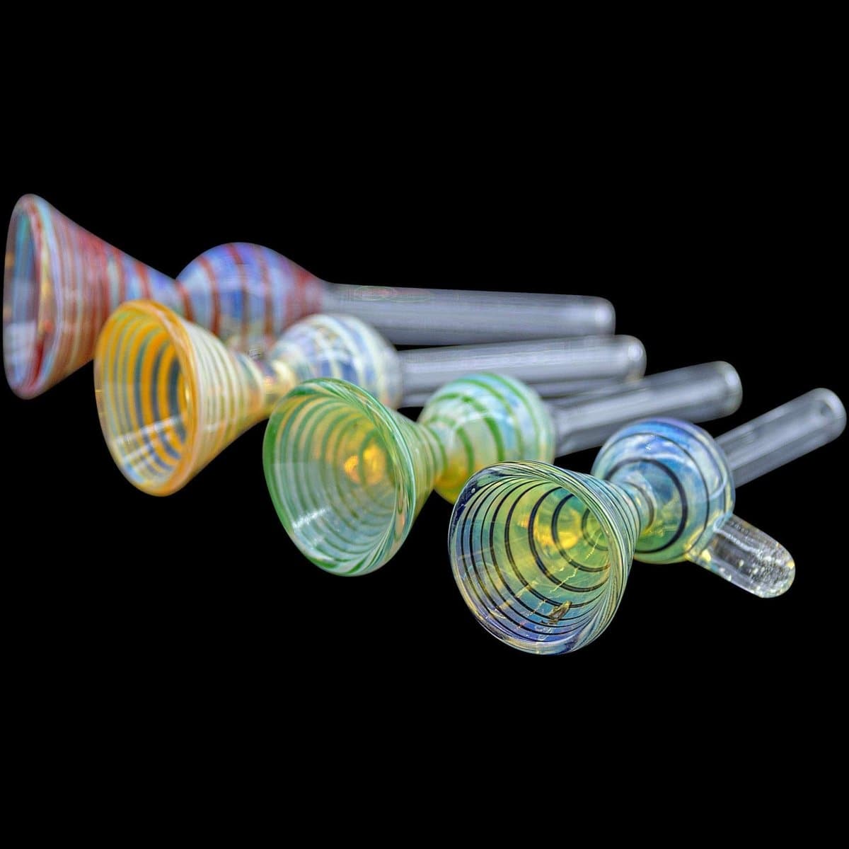 A close-up, angled view of the “Loud Speaker” Pull-Stem Slide Bowl, showcasing its clear glass construction and cylindrical shape.