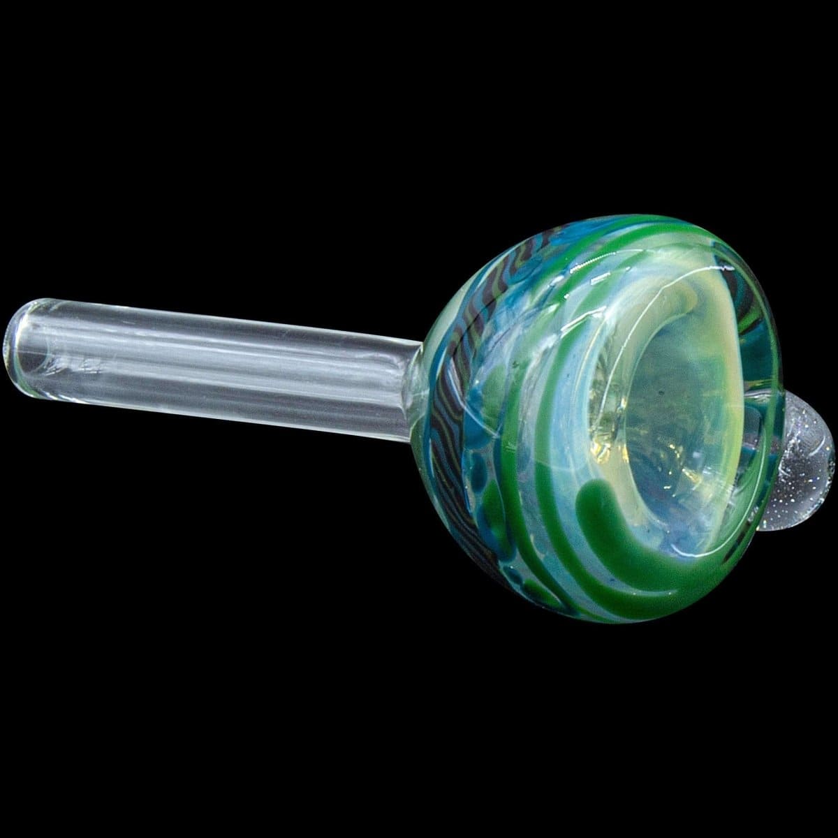 A side view of the Painted Warrior Pull-Stem Slide Bowl, featuring a swirled green and clear glass construction.