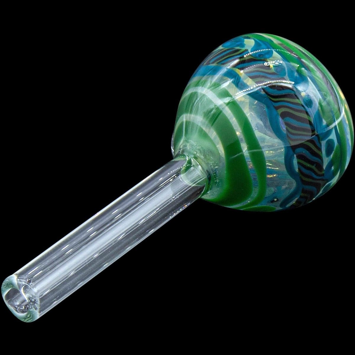A close-up view of the Painted Warrior Pull-Stem Slide Bowl, showcasing its clear glass construction and curved stem design.