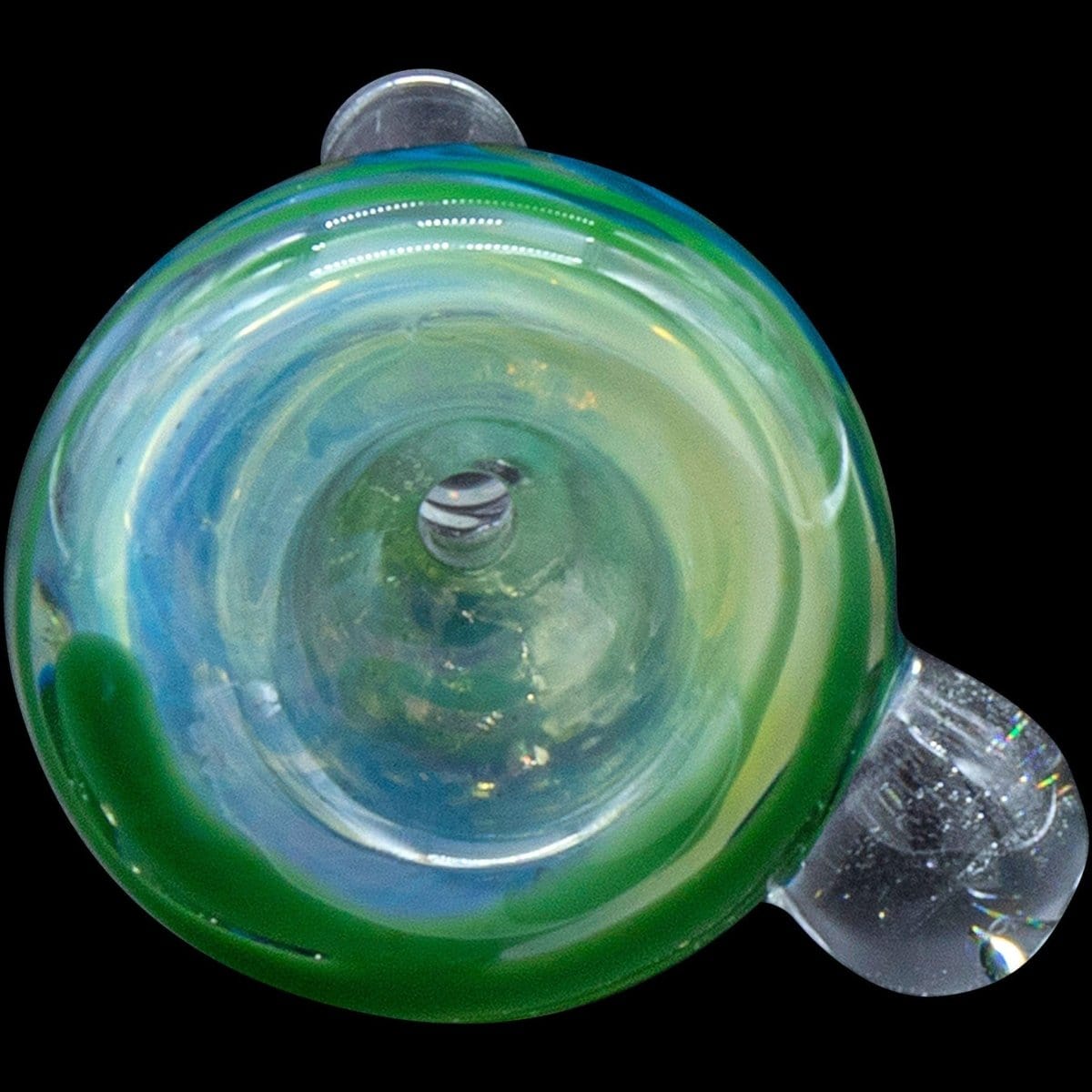 A close-up, angled view of the Painted Warrior Pull-Stem Slide Bowl, showing the colorful glass swirl and joint detail.