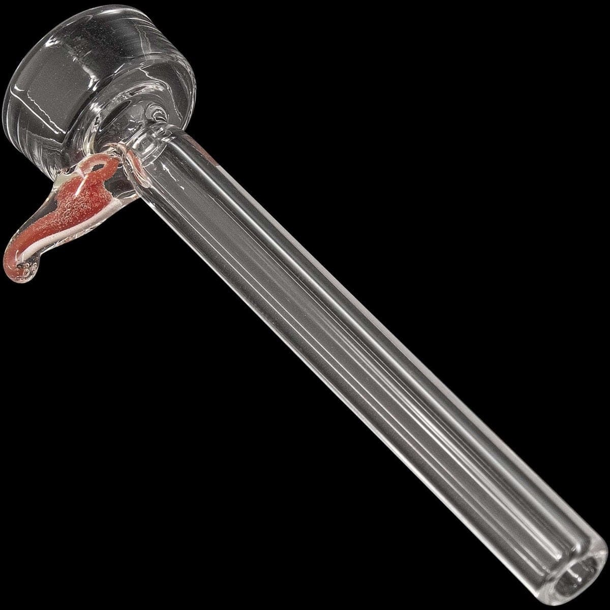 A close-up, angled view of the 9mm Clear Slide Bowl w/ Color Handle for Pull-Stem Bongs, showcasing its clear glass construction and colorful handle.