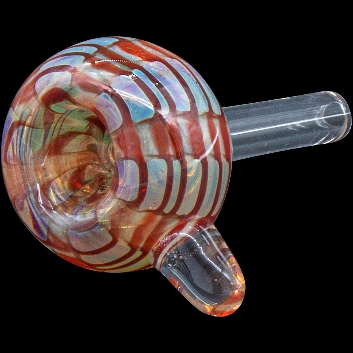 A close-up of the Color Raked Bubble Pull-Stem 9mm Slide Bowl, displaying swirling colors in the glass and a clear pull-stem joint.
