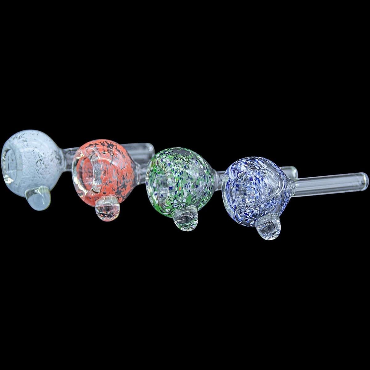 A close-up, angled view of the Frit Bubble Bowl 9mm Pull-Stem Slide in various colors, showcasing the vibrant glasswork.