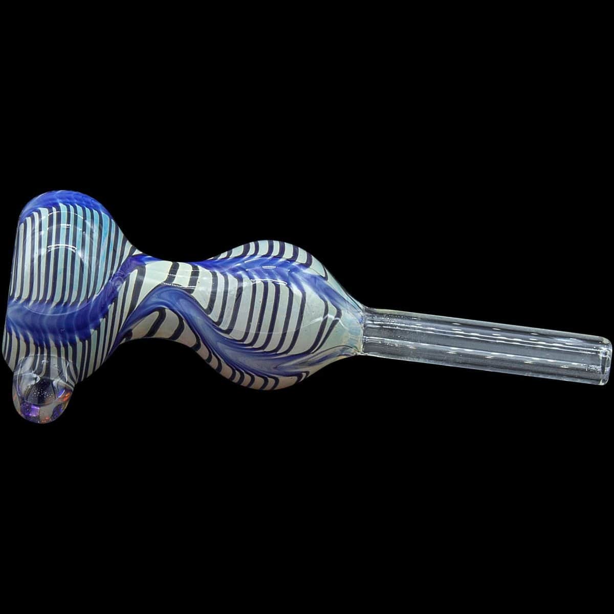 A close-up angled view of the Wrap-n-Rake Bubble Pull-Stem Slide Bowl, showing its patterned glass and stem joint.