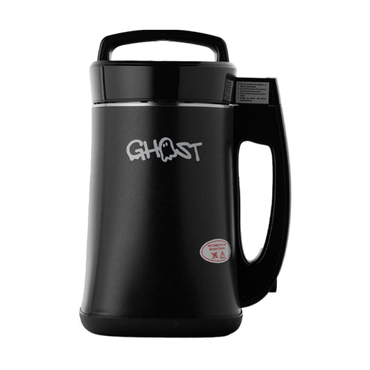 Front view of the Levo x Ghost Infuser, a silver-toned device with a handle and digital display, set against a plain background.