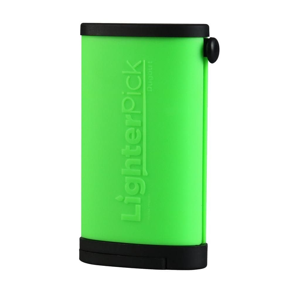 A close-up of the green LighterPick Waterproof Dugout, angled to show its cylindrical shape and dark end cap.