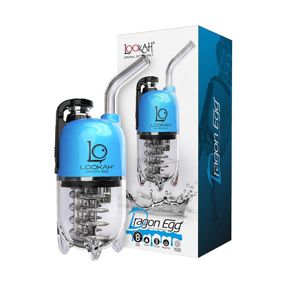 Front view of the Lookah Dragon Egg eRig Bubbler, showcasing its sleek, silver design and clear glass bubbler attachment.