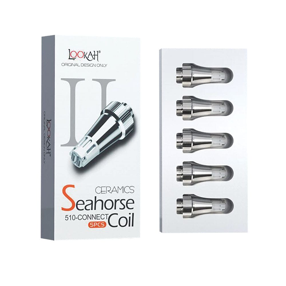 A close-up shot of the five Lookah Seahorse PRO Ceramic Coils against a black background, showcasing their metallic and ceramic construction.