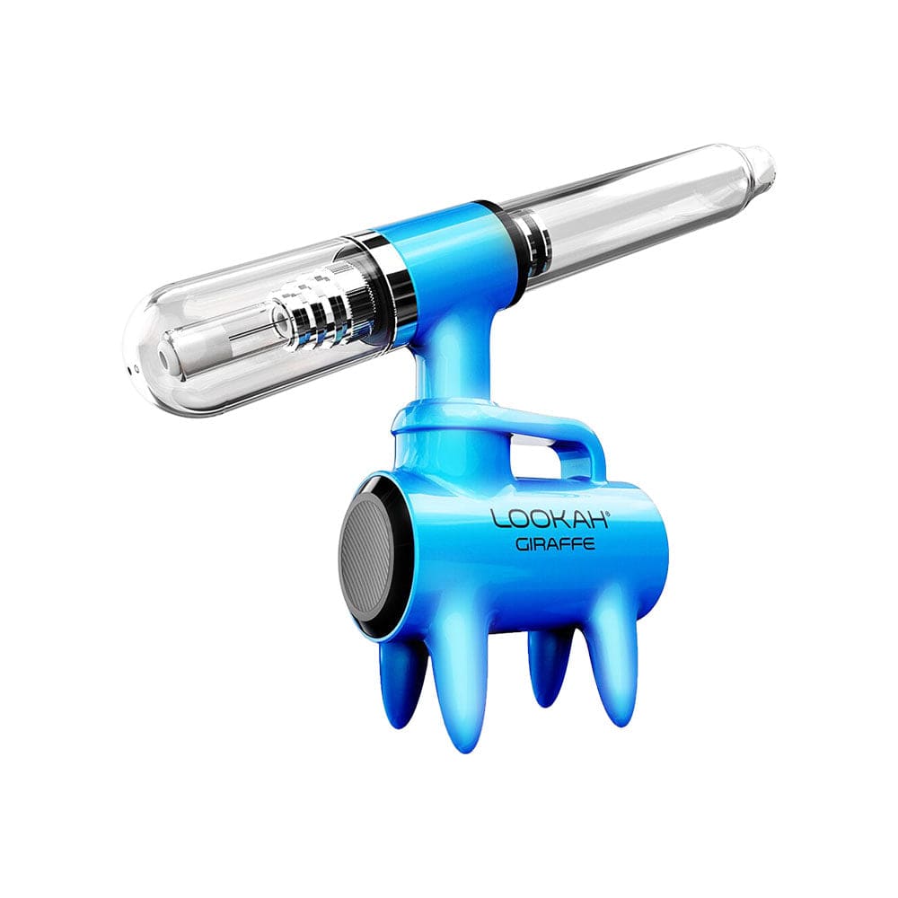 A studio shot of the Lookah Giraffe Nectar Collector in blue, angled to showcase its sleek, cylindrical design.