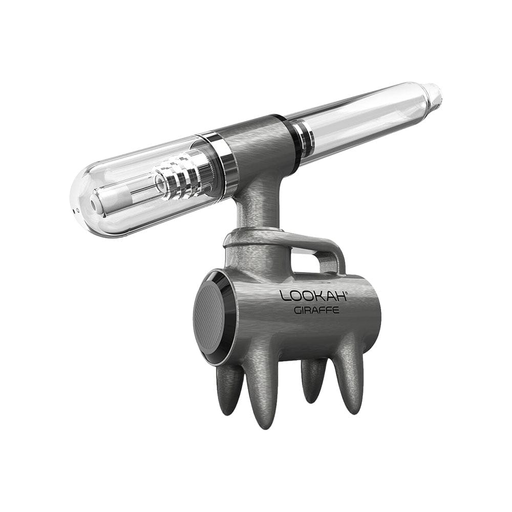 A close-up, angled view of the Lookah Giraffe Nectar Collector, highlighting its metallic body and glass tip.