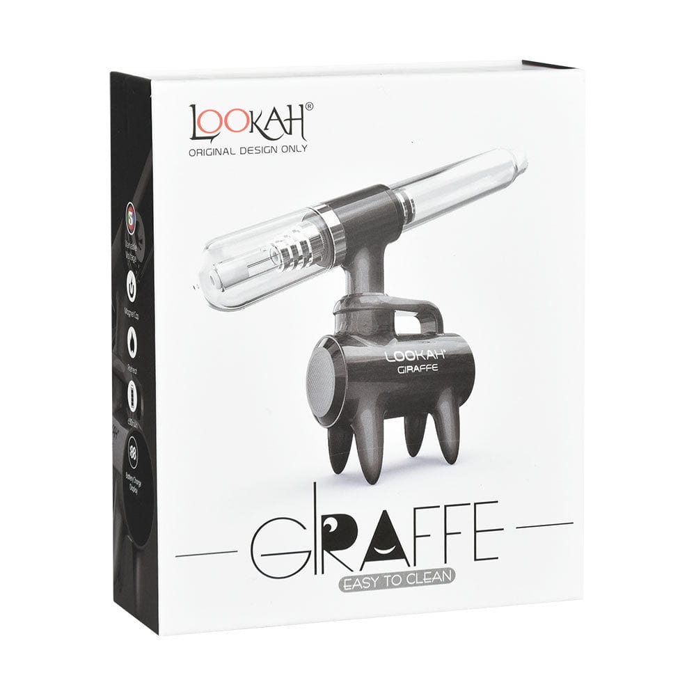 A front view of the Lookah Giraffe Nectar Collector, showcasing the clear glass tip and sleek, metallic body.