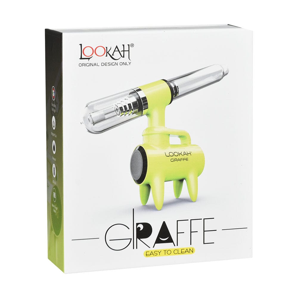 A close-up, angled view of the Lookah Giraffe Nectar Collector, showcasing its sleek, metallic finish against a dark backdrop.