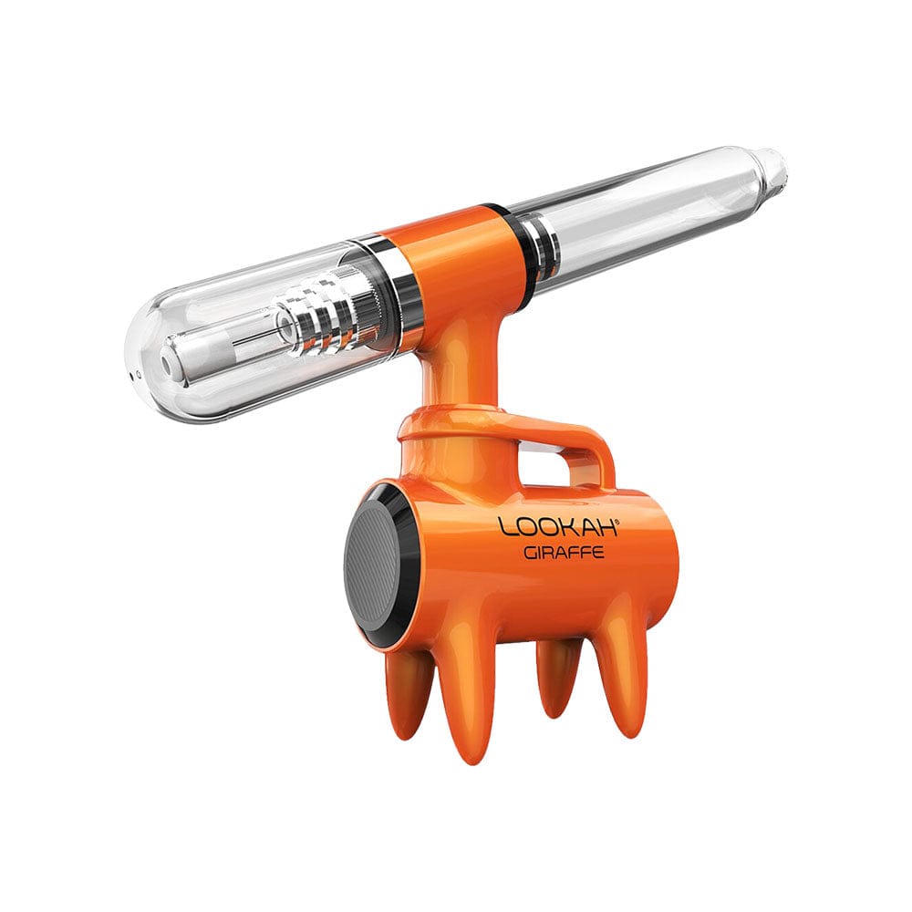 The Lookah Giraffe Nectar Collector is displayed in a close-up, angled shot showing its clear glass construction.