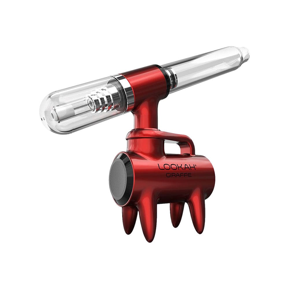 A close-up, angled view of the Lookah Giraffe Nectar Collector, showcasing its clear glass and sleek design.