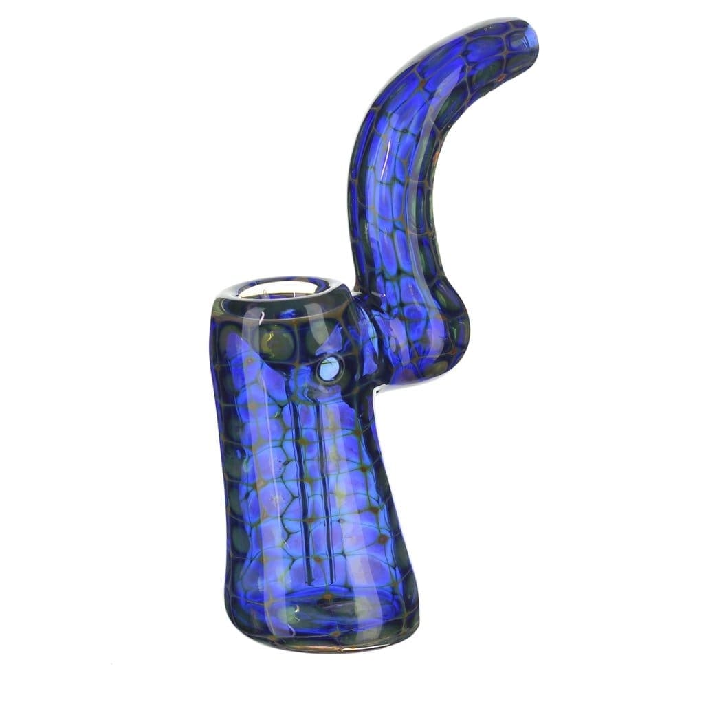 Front view of the Blue Scale Bubbler, a textured glass piece with a curved neck and dark blue coloring.
