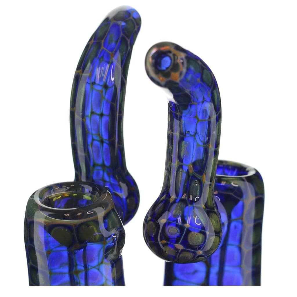 Front view of the Blue Scale Bubbler, featuring a scale-like pattern in shades of blue on clear glass.