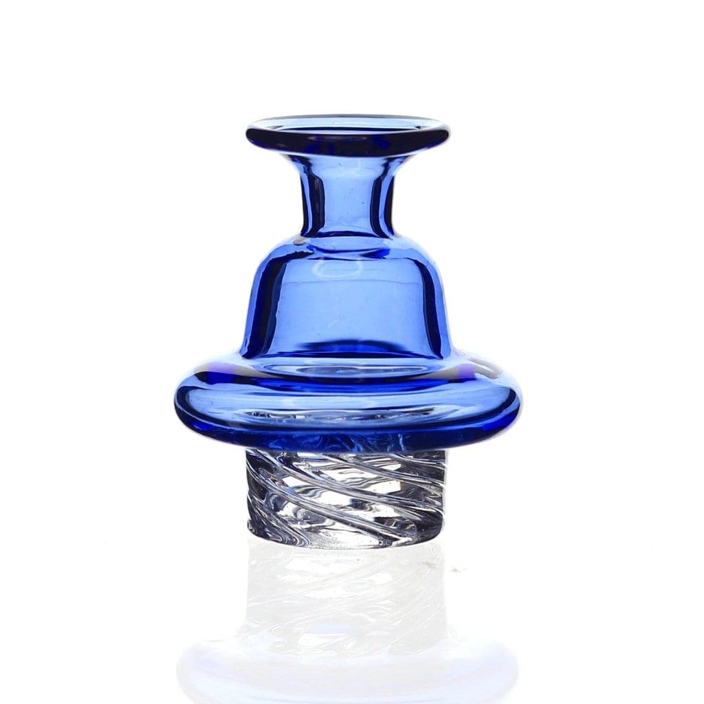 A studio shot of the Directional Saucer Carb Cap, showcasing its blue glass construction and saucer shape against a bright white background.