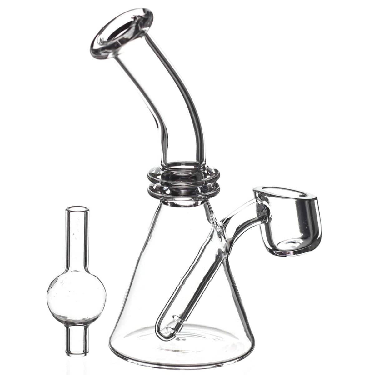 A three-quarter view of the Quartz Mini Dab Rig Collection, showcasing the clear glass rig with a compact design and joint visible.