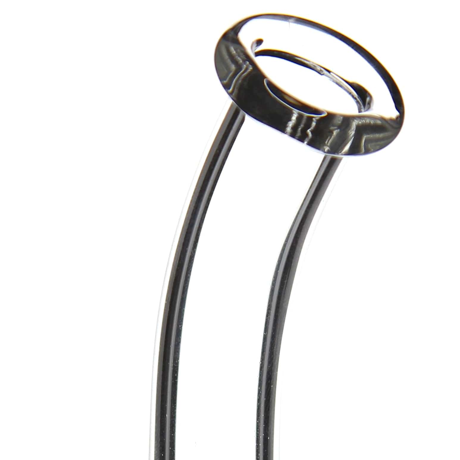 A close-up, angled view of the Quartz Mini Dab Rig Collection, showcasing its compact size and smooth glass construction.