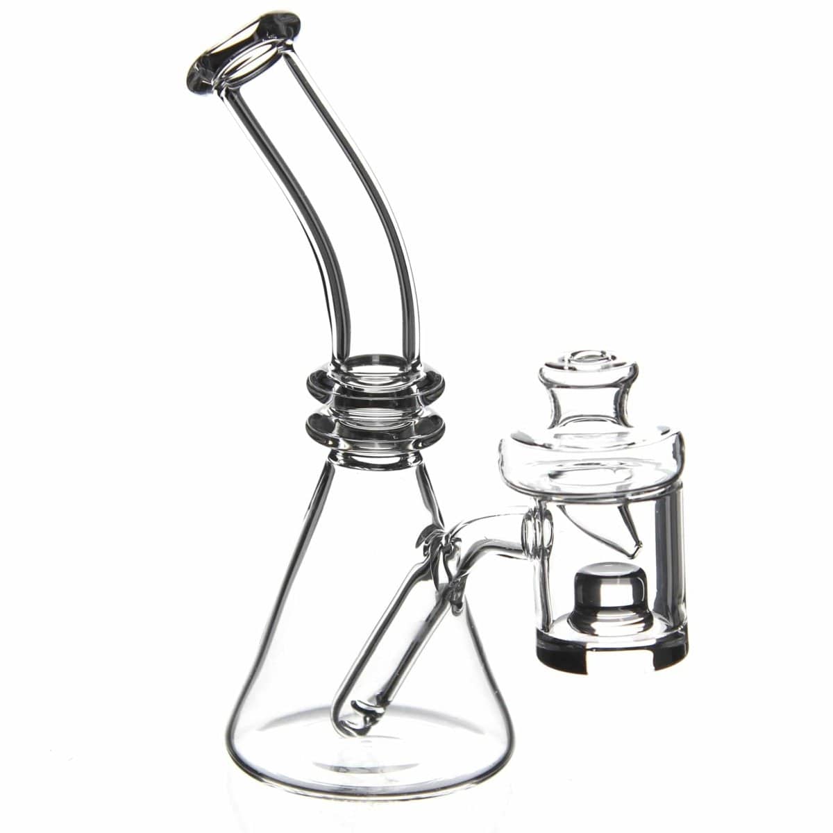 Front view of the Quartz Mini Dab Rig Collection, a small, clear glass rig angled against a plain white background.