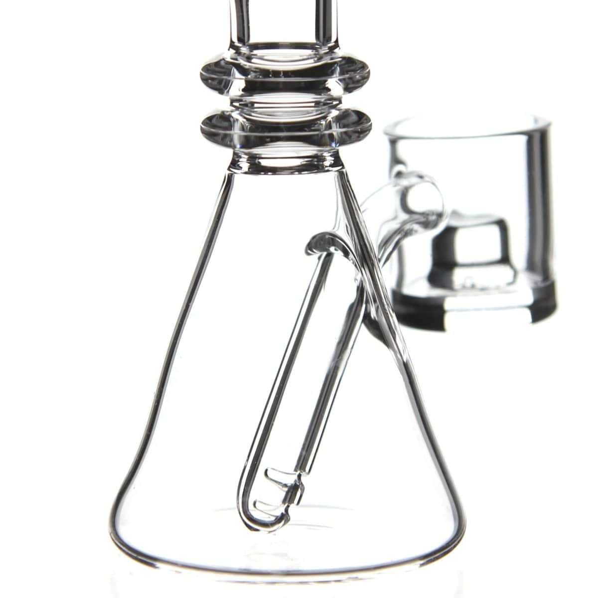A side view of the Quartz Mini Dab Rig Collection shows a clear glass rig with a curved neck and visible joint.