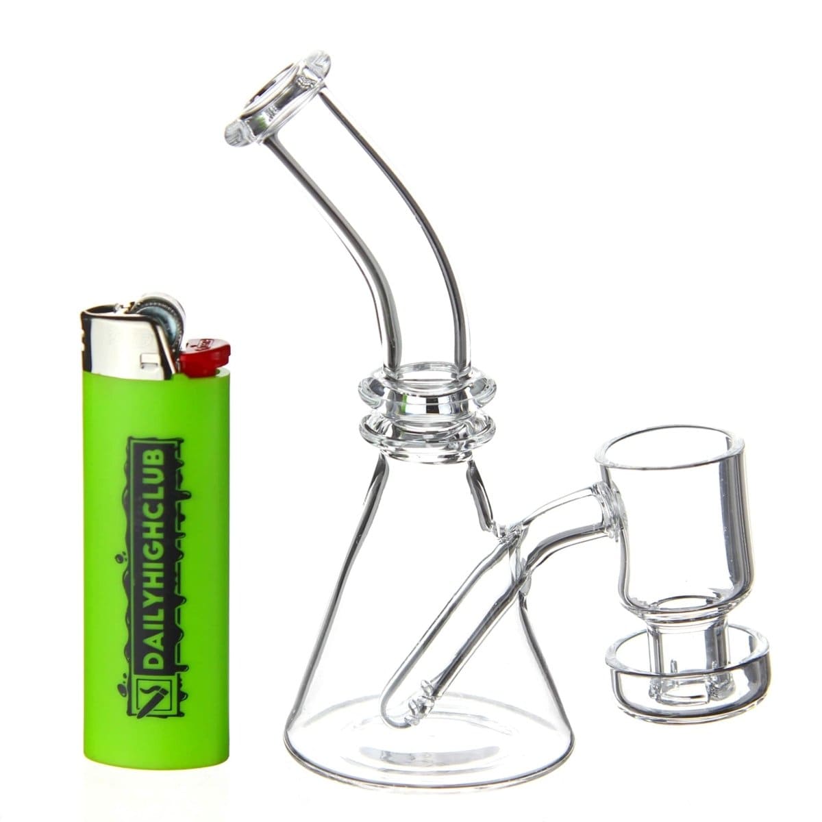 A three-quarter view of the Quartz Mini Dab Rig Collection, showing the clear glass rig angled against a plain white background.