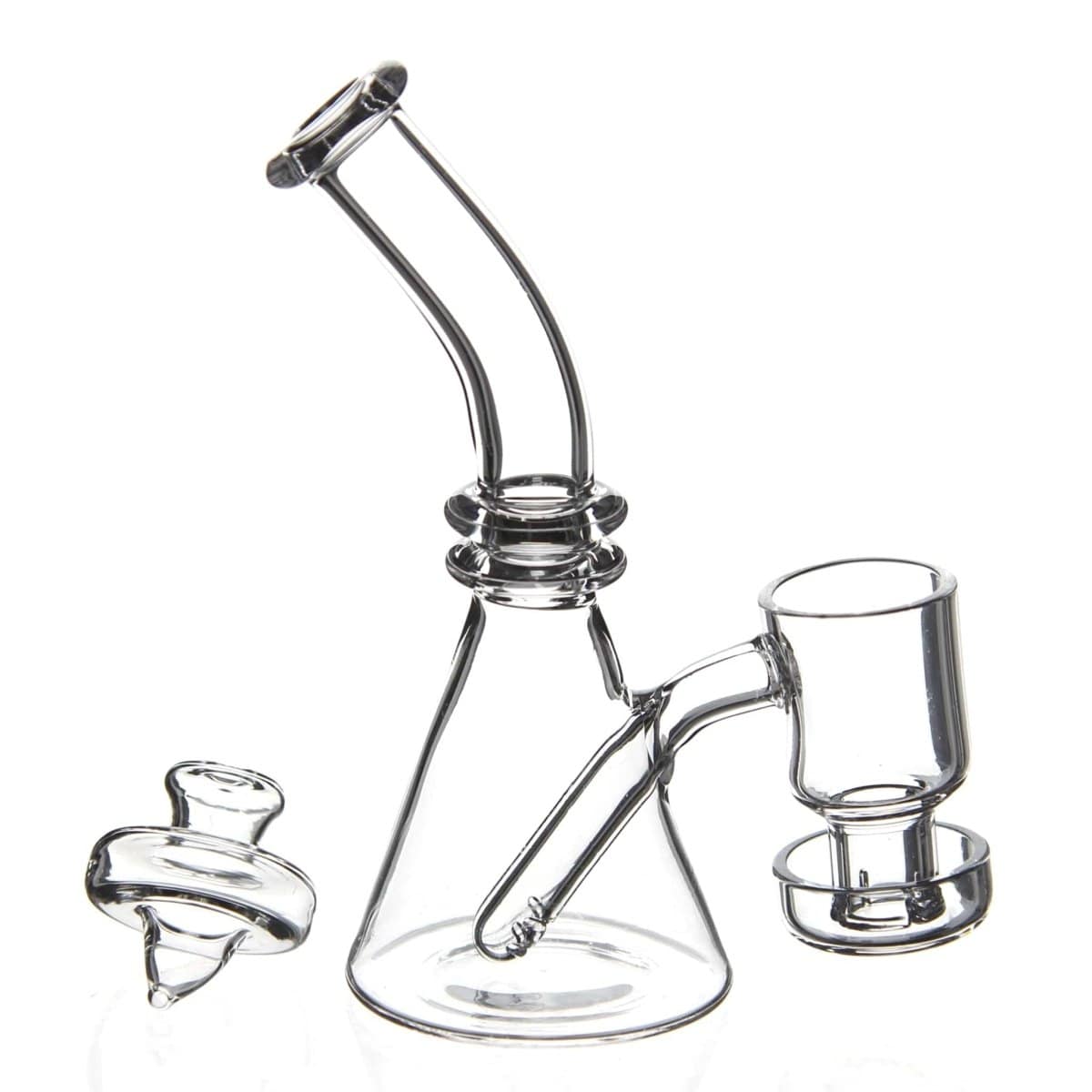 A front view of the Quartz Mini Dab Rig Collection, featuring a clear glass rig and accompanying quartz nail on a white background.