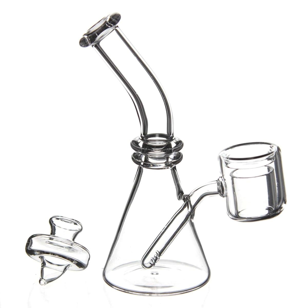 A three-quarter view of the Quartz Mini Dab Rig Collection, showcasing the clear glass rig and its accompanying quartz nail.