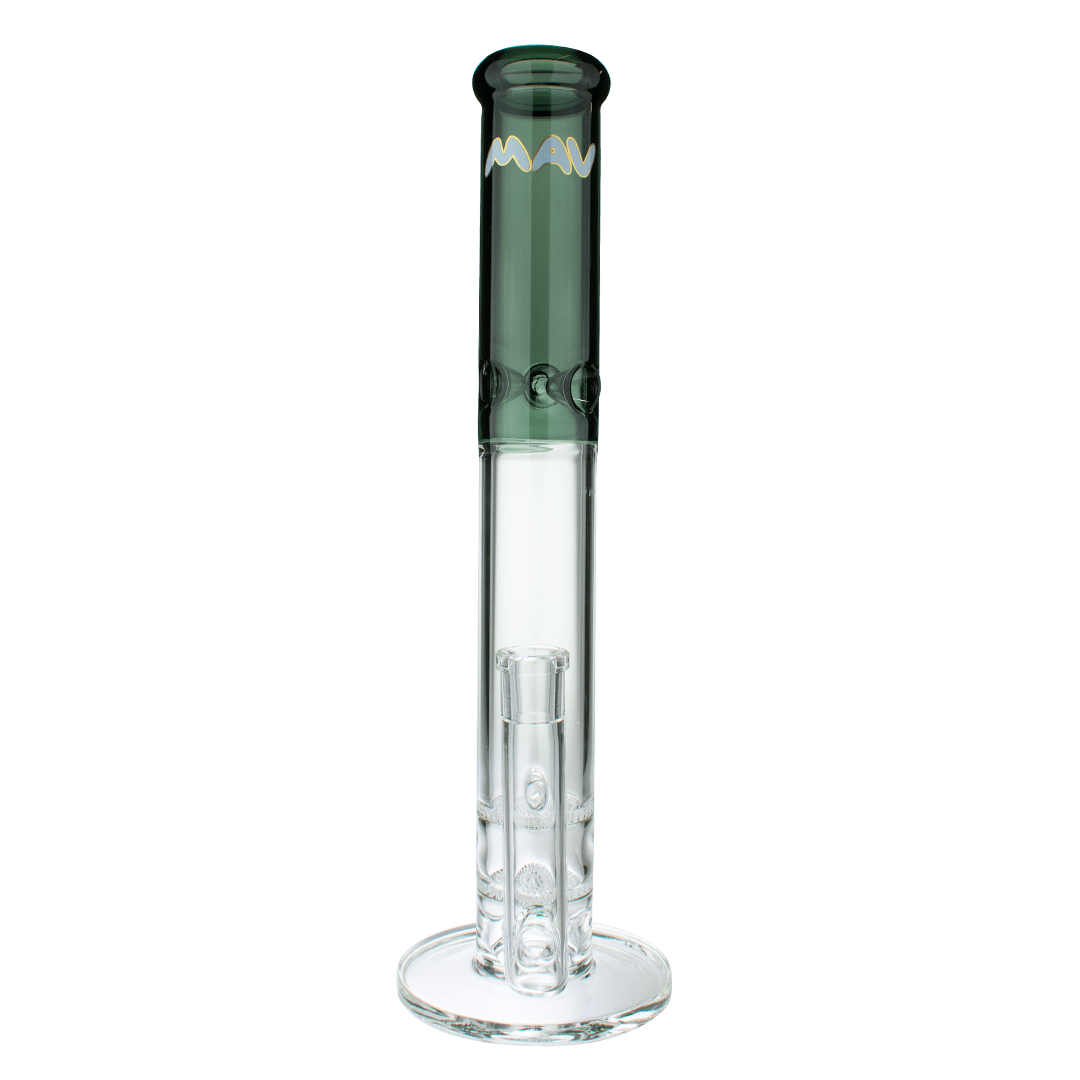 A front view of the 16" Double Honeycomb Straight Tube Bong, showcasing its clear glass construction and simple cylindrical form.