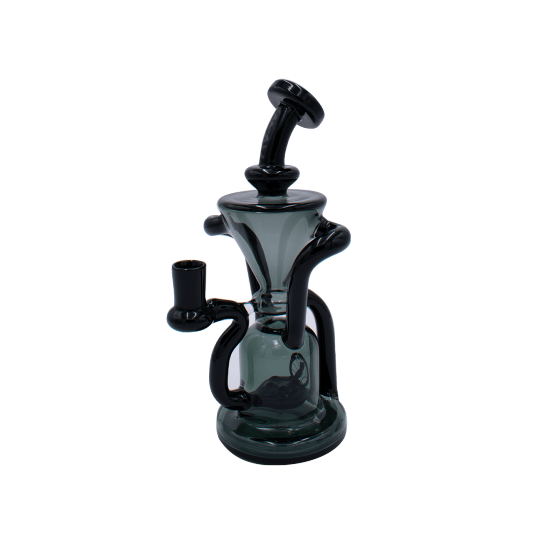 Three-quarter front view of The Humboldt Recycler, a small dark purple glass recycler piece with curved tubes and a flared mouthpiece against a plain background.