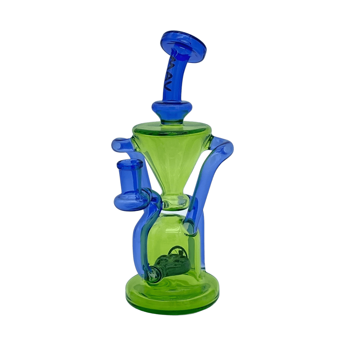 Frontal view of The Humboldt Recycler in translucent slime and smoke glass, shown against a plain background with its blue neck and green chamber visible.