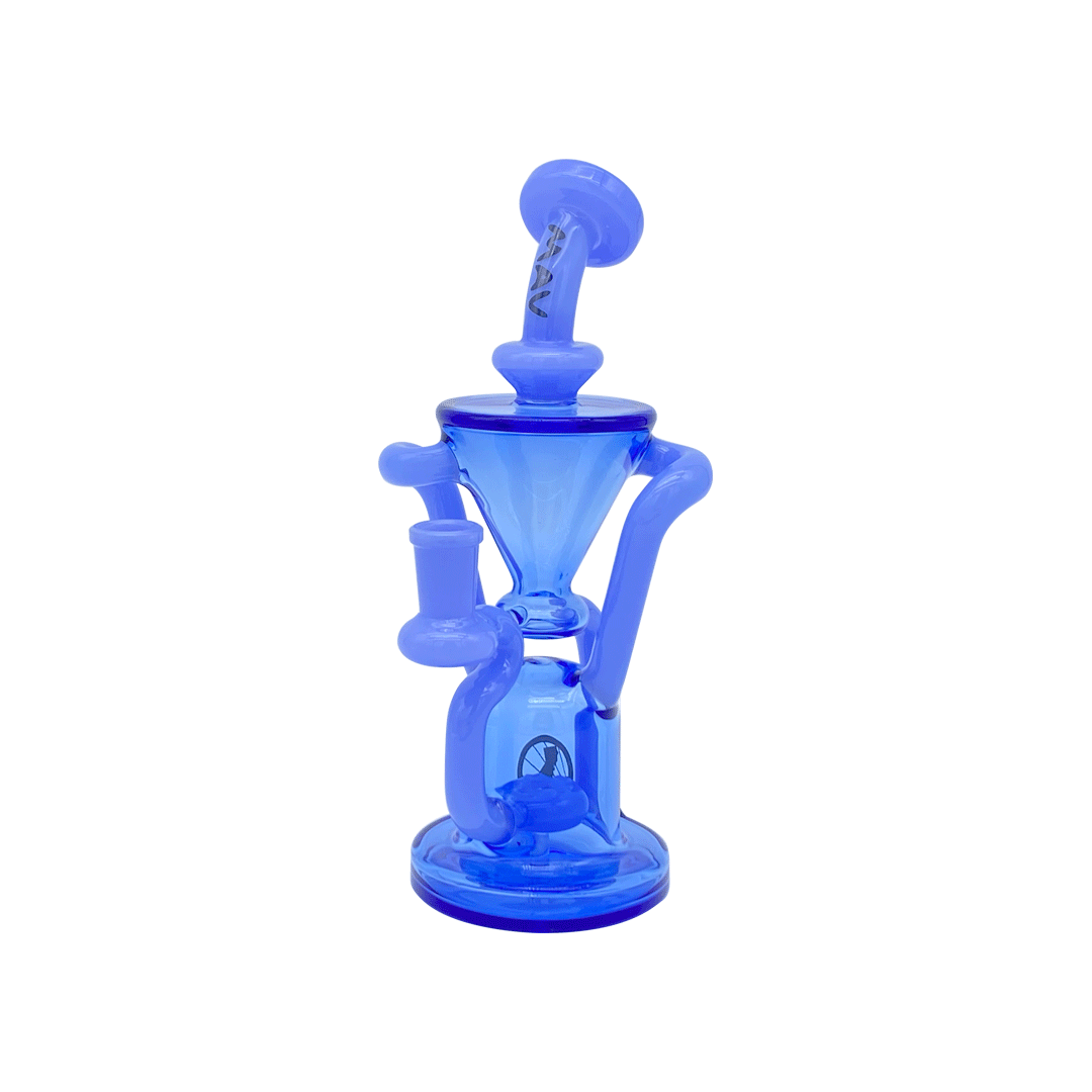 Centered front view of The Humboldt Recycler, a translucent blue glass recycler shown against a plain white background with soft even lighting highlighting its funnel chamber and curved tubes.