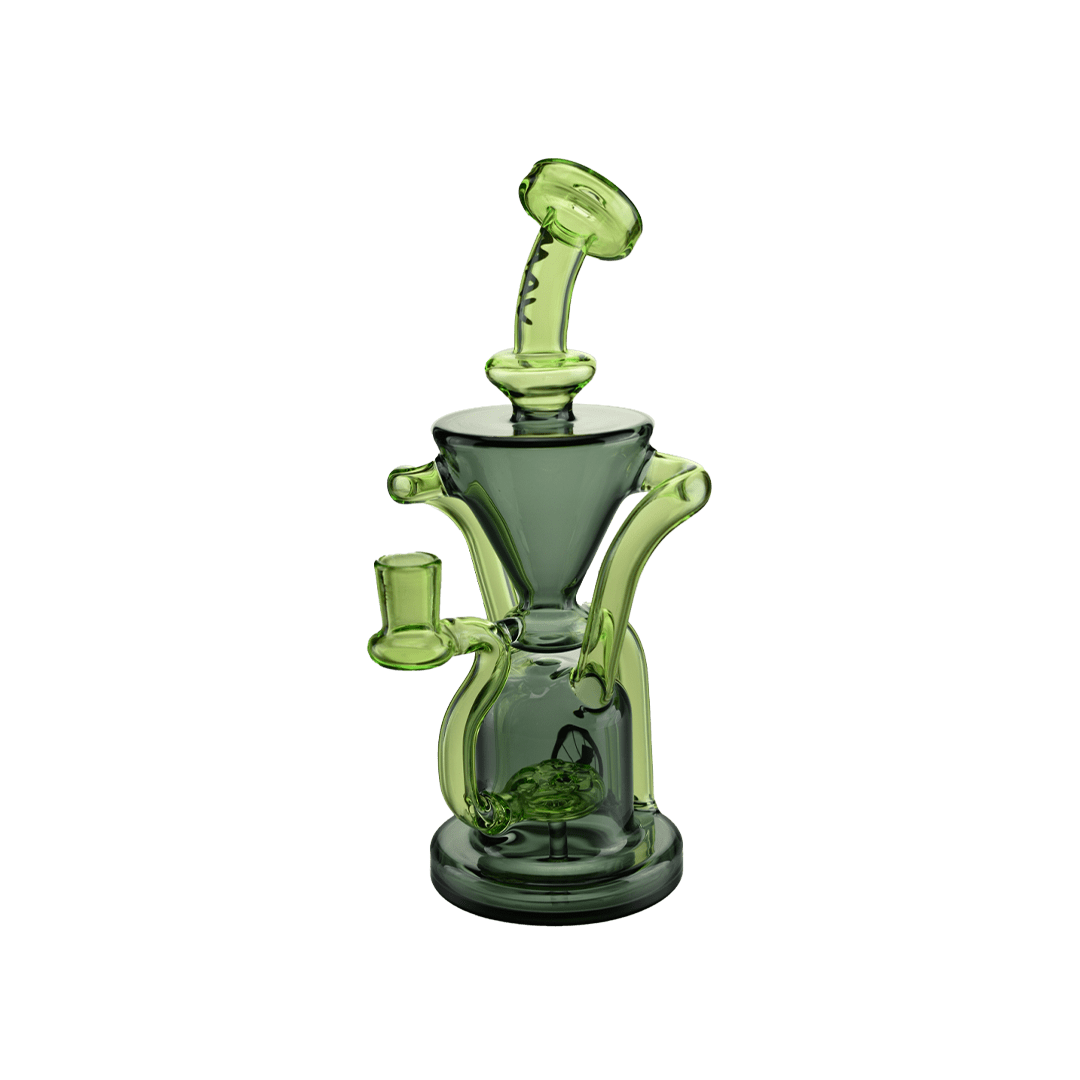 Centered front view of The Humboldt Recycler, a black-on-black glass recycler with green-tinted curved tubes and a flared mouthpiece against a plain background