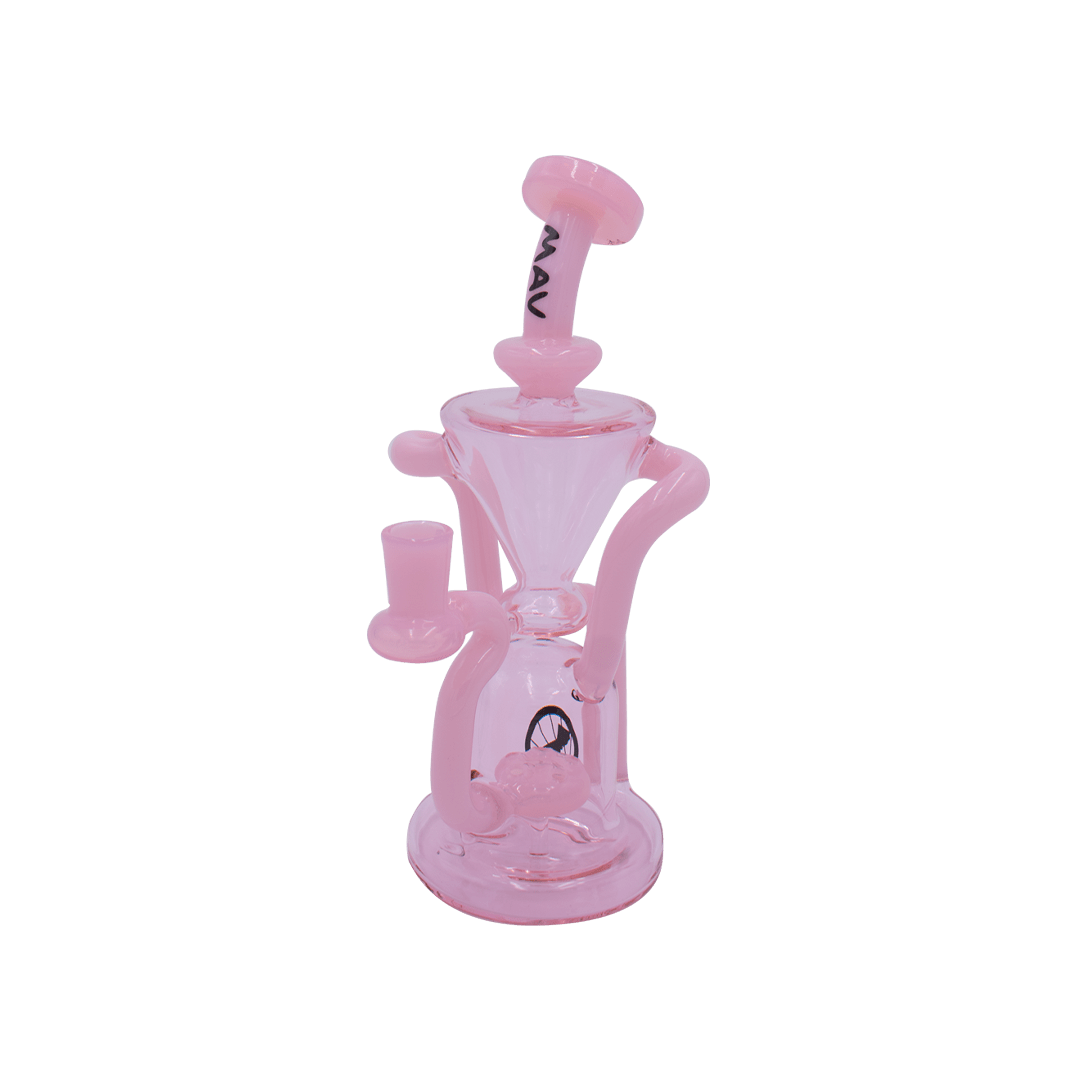 Angled front view of The Humboldt Recycler in translucent pink glass showing its flared mouthpiece, funnel chamber, curved handles, and round base.