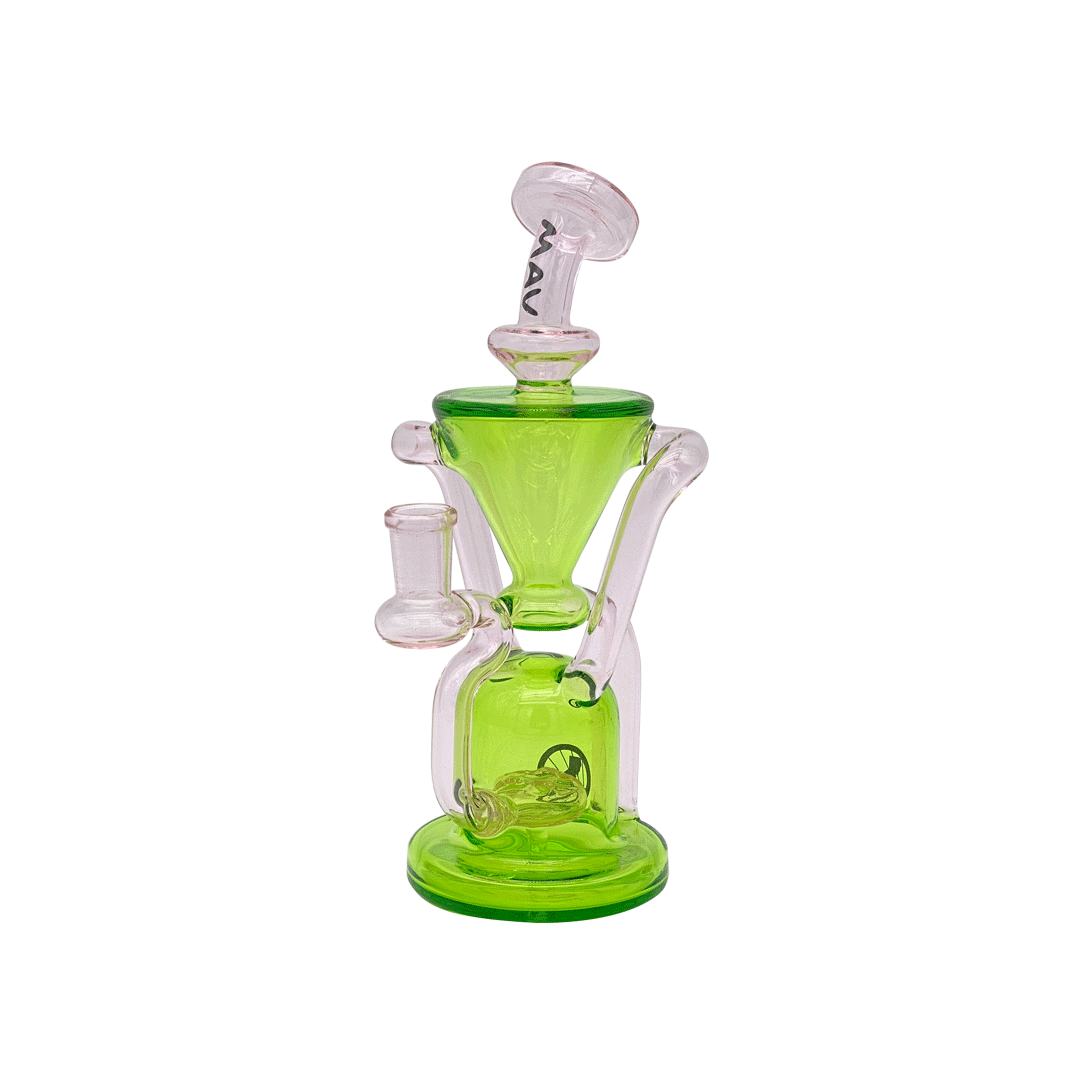 Centered front view of The Humboldt Recycler, a small green-and-clear glass recycler with pink-tinted accents and an angled mouthpiece.