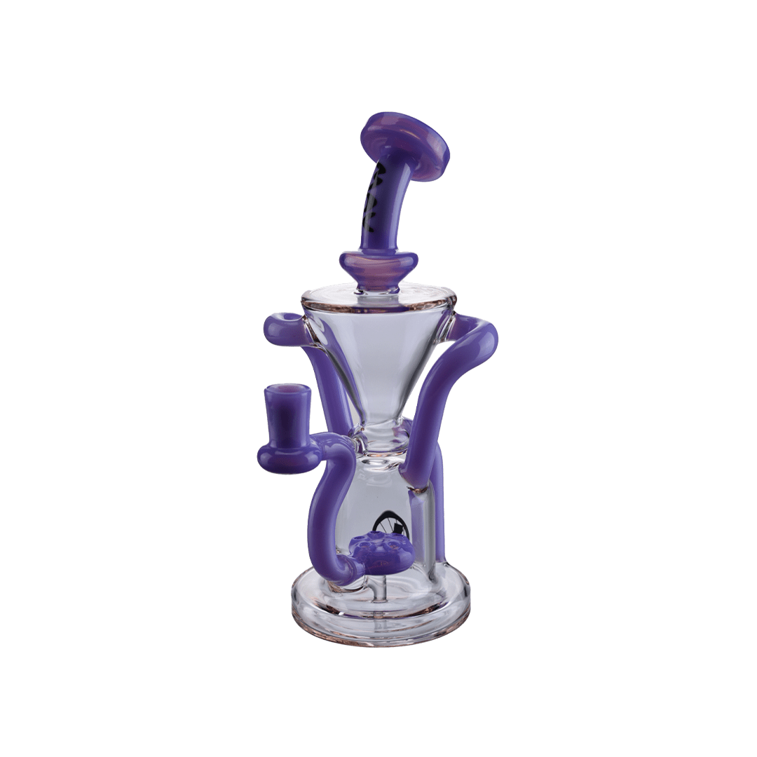Centered studio shot of The Humboldt Recycler, a small clear glass recycler with curving blue-lavender tubes and a tilted mouthpiece.