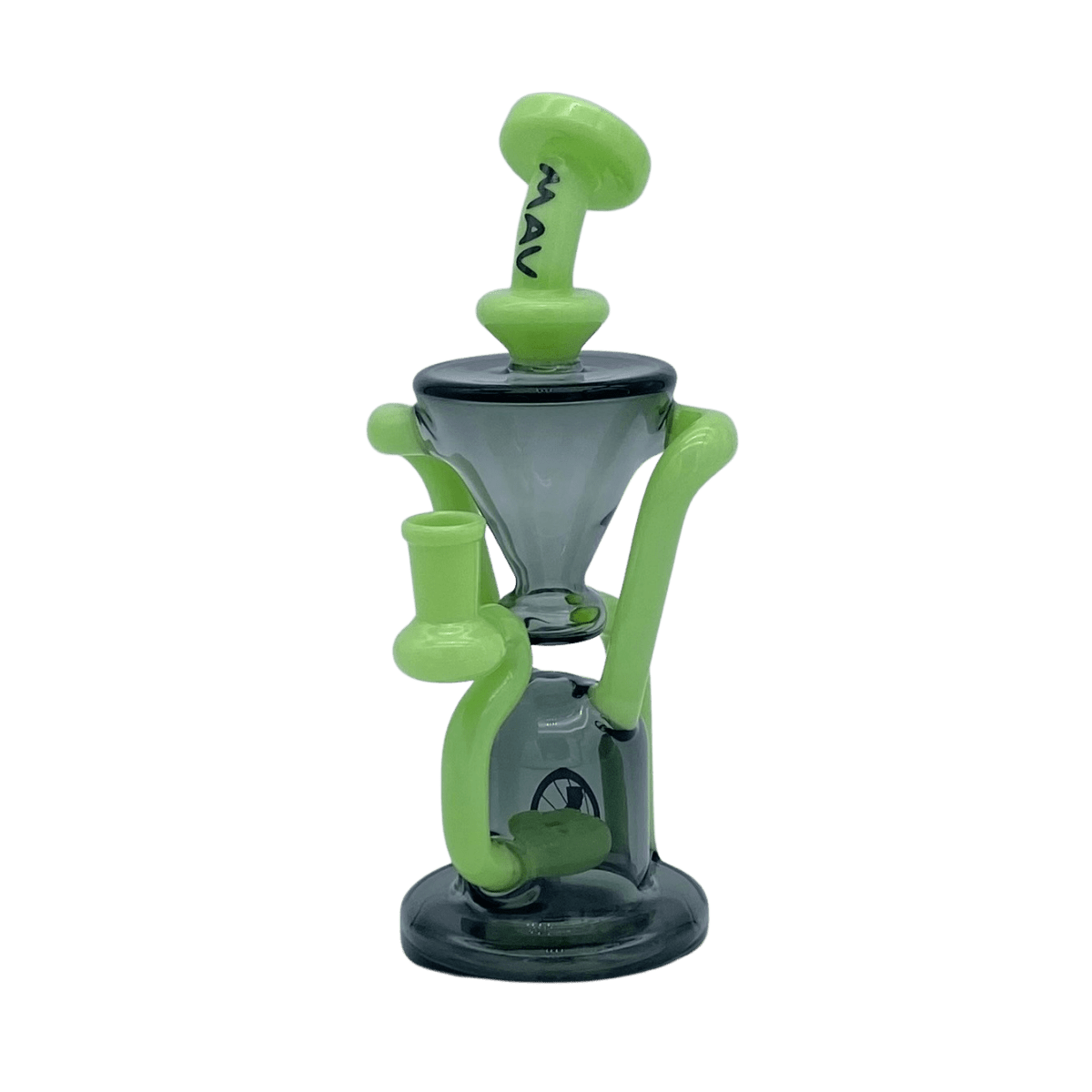Front view of The Humboldt Recycler showing a grey glass body with bright green accents and tubular handles against a plain background
