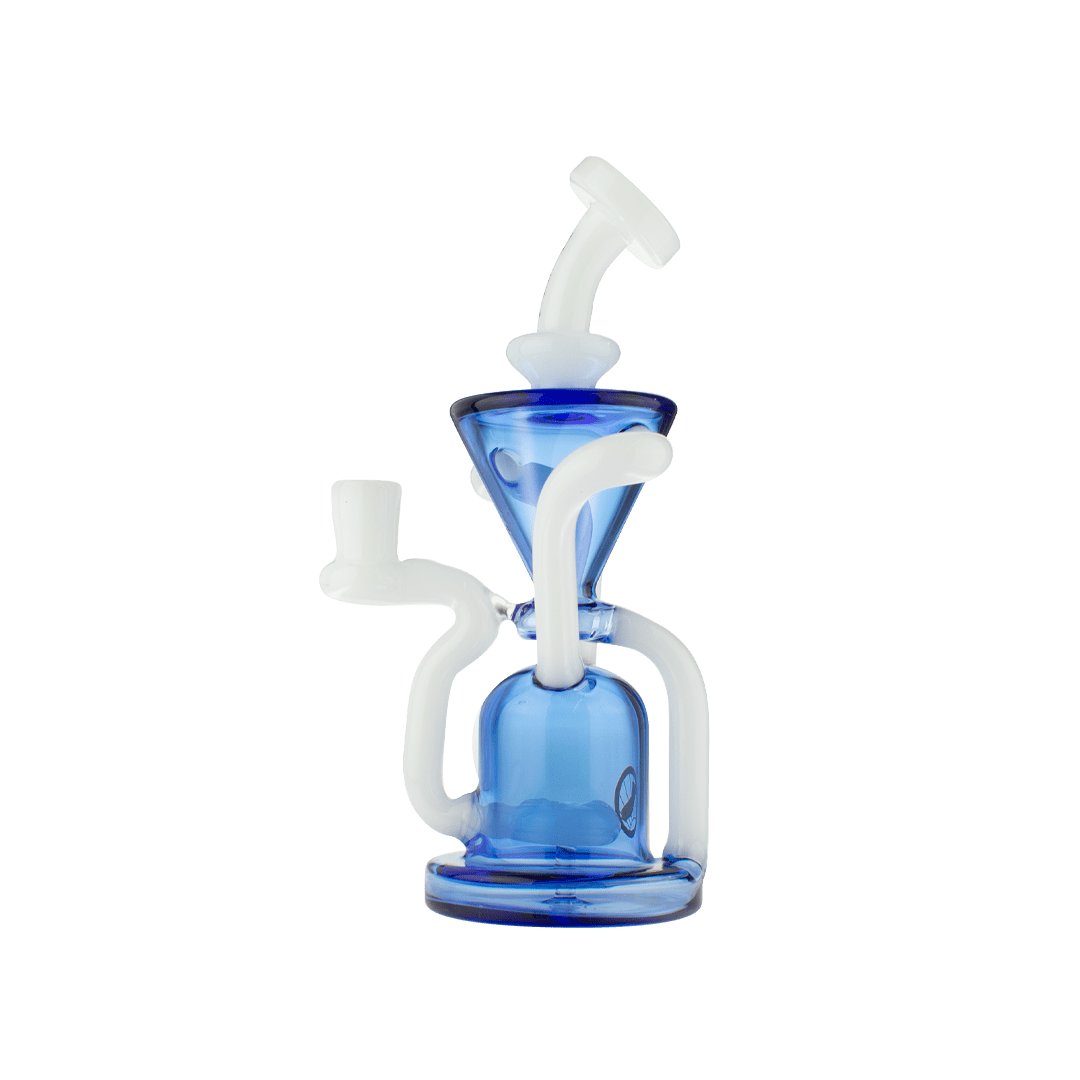 Centered front view of The Humboldt Recycler, a small blue glass recycler with white looping tubes against a plain light background