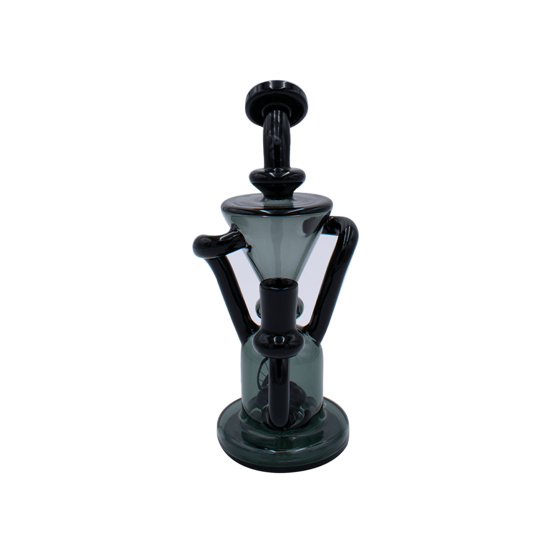 Centered studio front view of The Humboldt Recycler, a smoky green glass recycler with black accents and twin angled tubes.