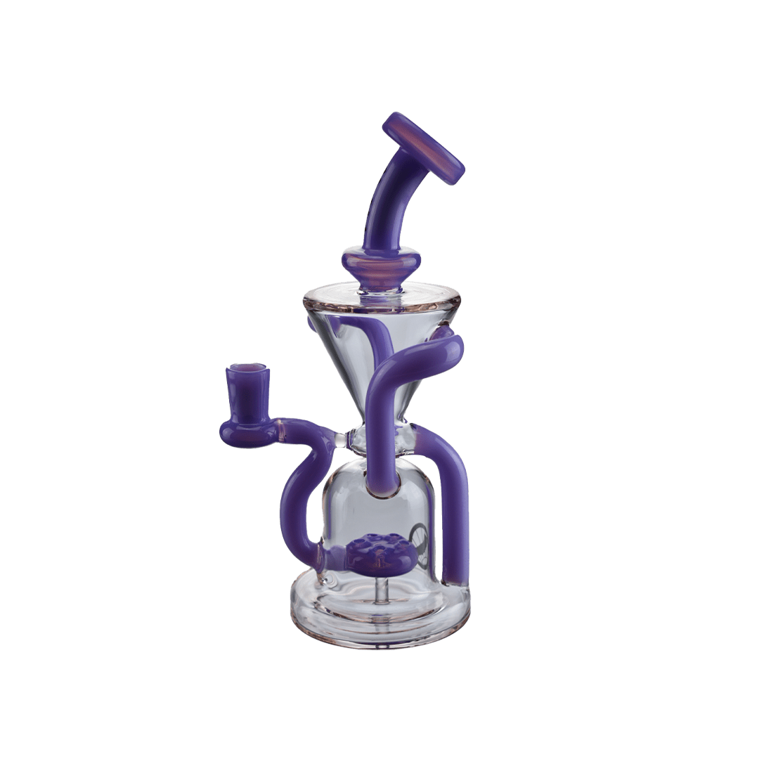 Centered front view of The Humboldt Recycler, a clear glass recycler with curving purple tubes and a funnel-shaped top.