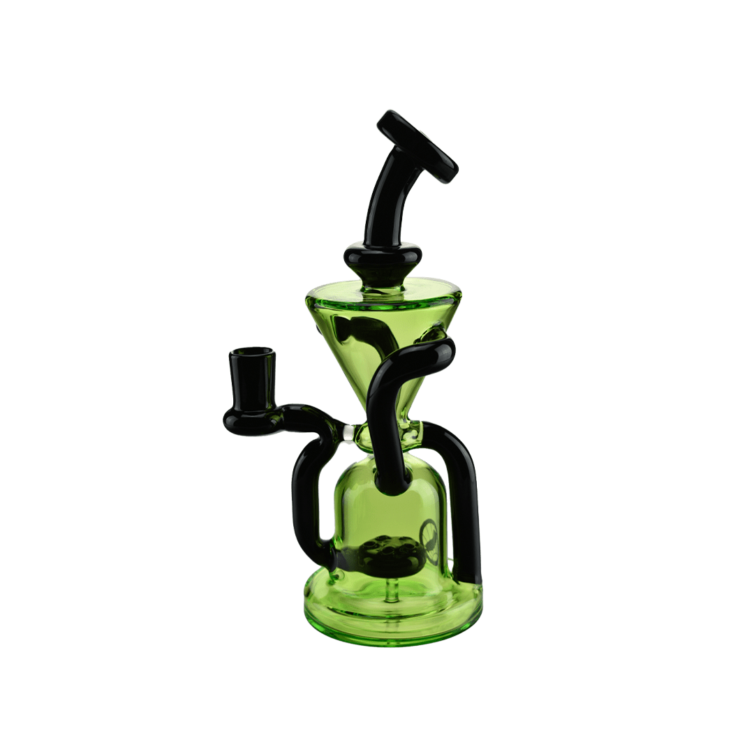Front three-quarter view of The Humboldt Recycler, a neon green glass recycler with black curved accents against a plain background.