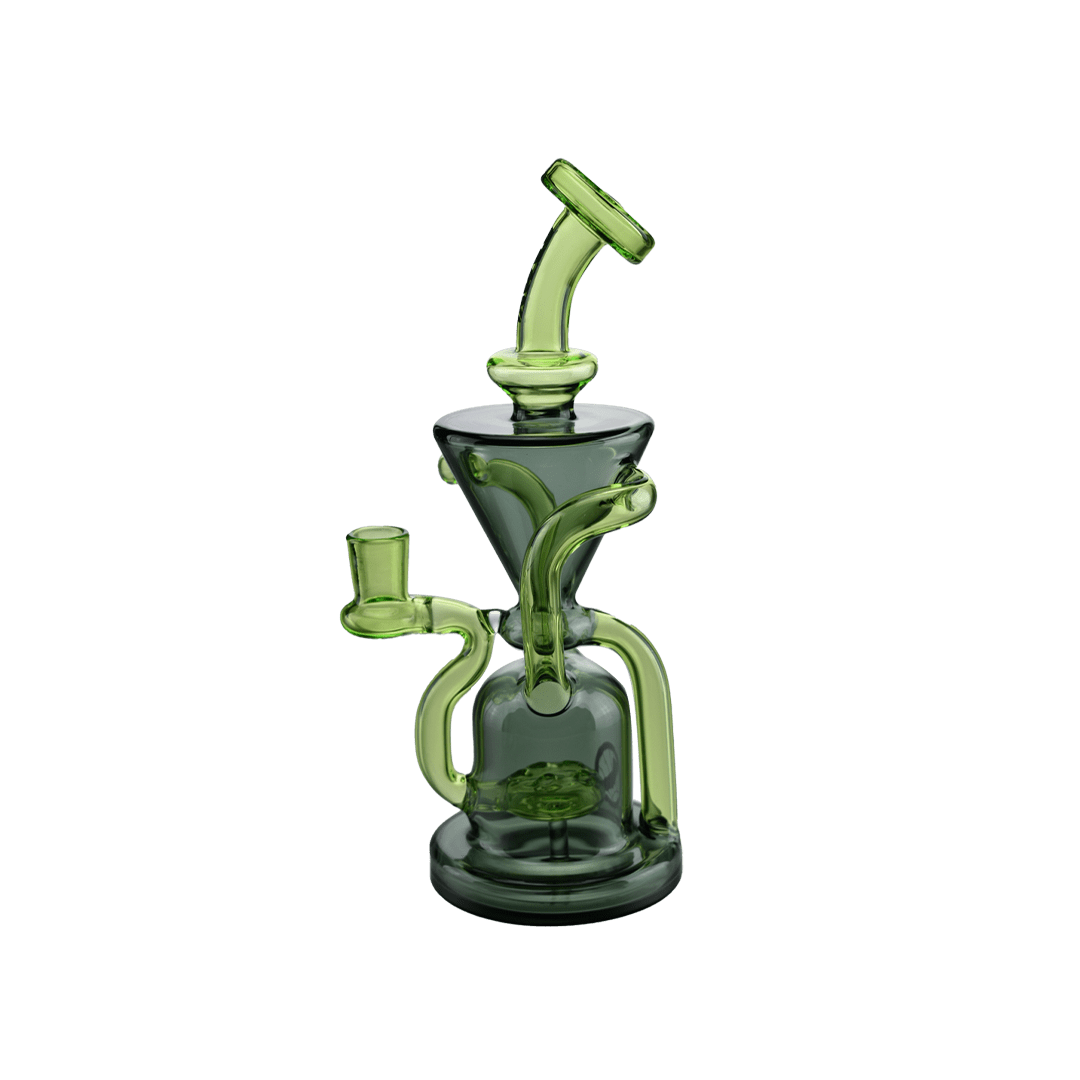 Studio shot of The Humboldt Recycler showing a green-tinted glass recycler with angled mouthpiece and looping internal tubes.