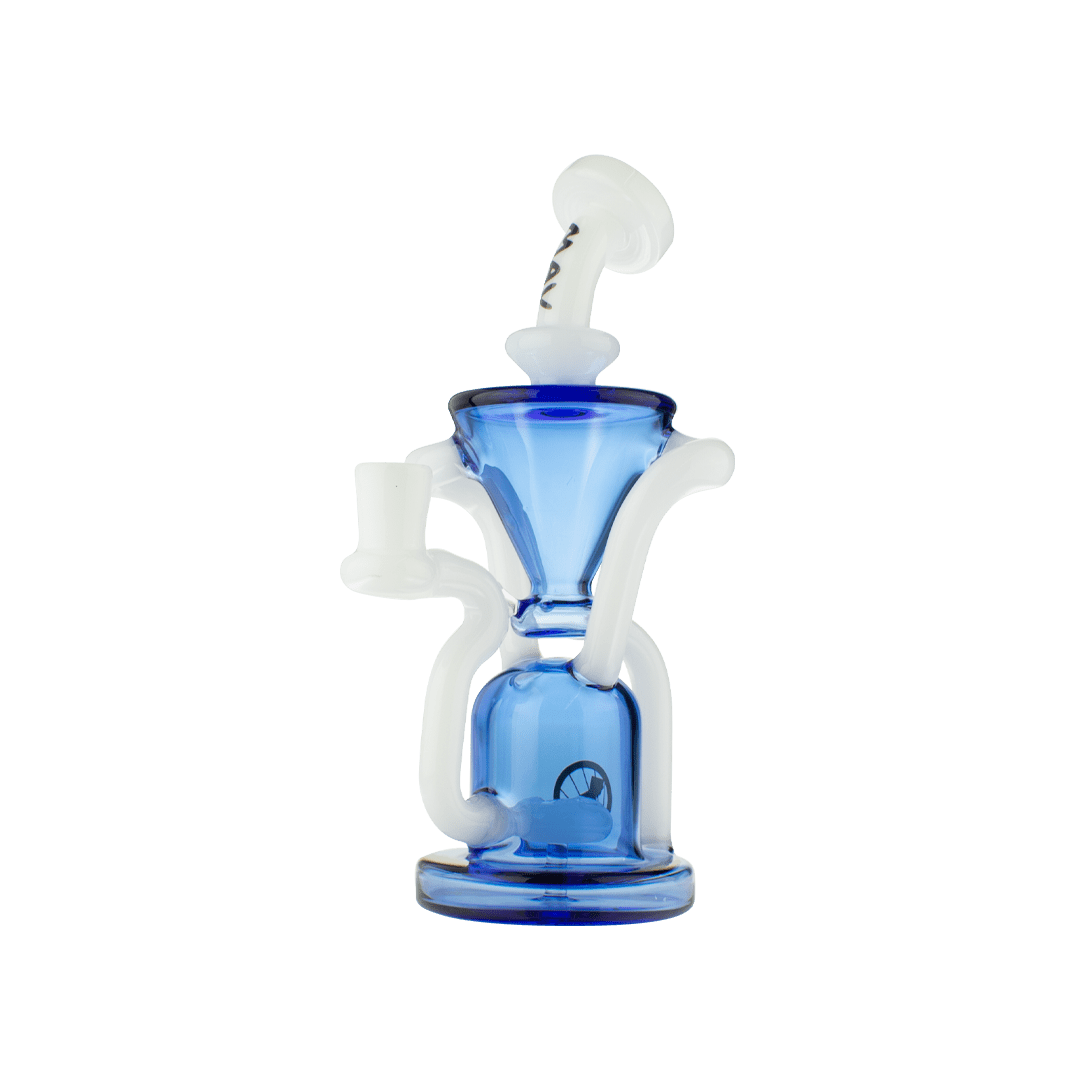 Front-facing view of The Humboldt Recycler, a small blue glass recycler with white looping tubes and a slightly angled white mouthpiece.