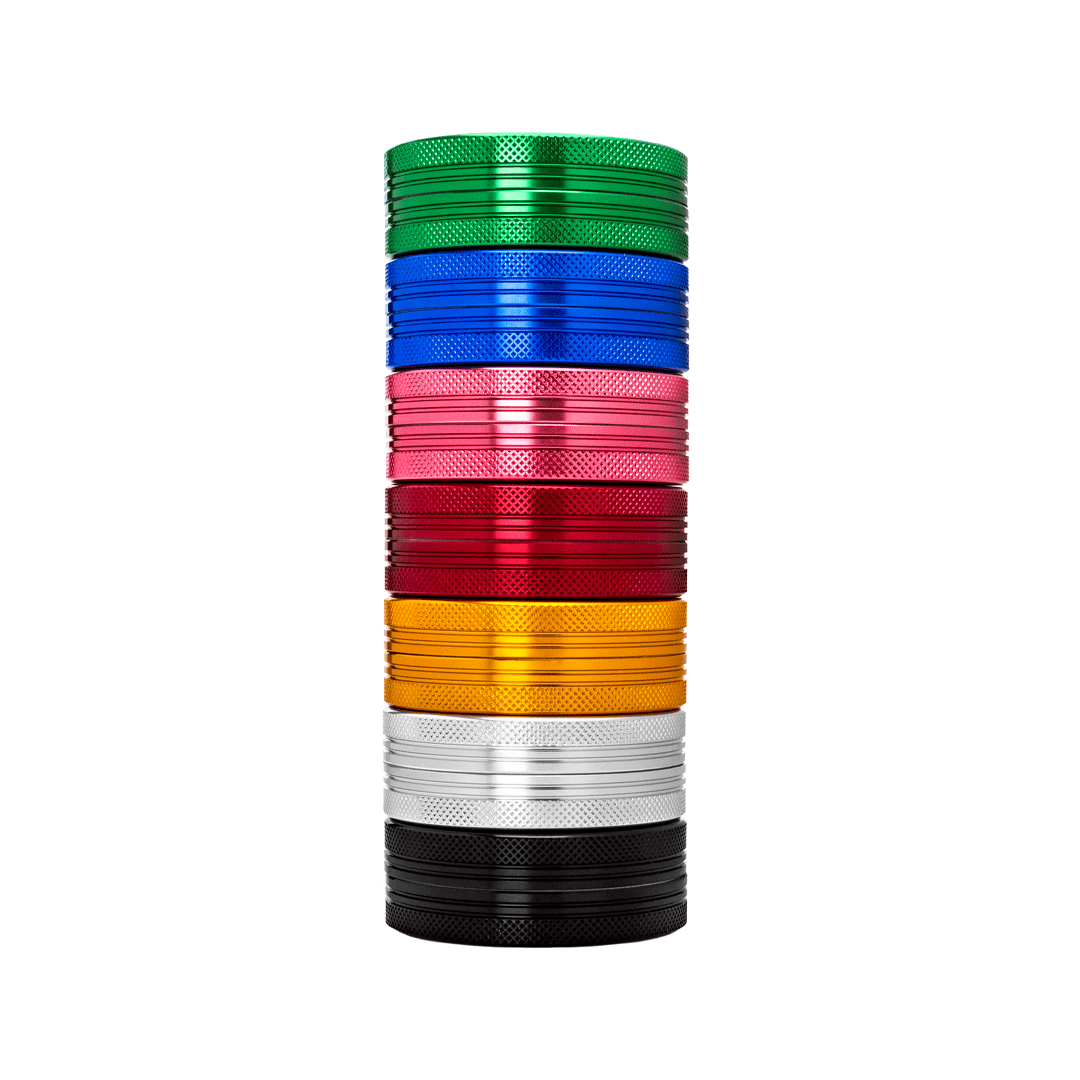 A stack of colorful Meudsa Customs Flat Grinders displayed from a high angle against a plain white background.